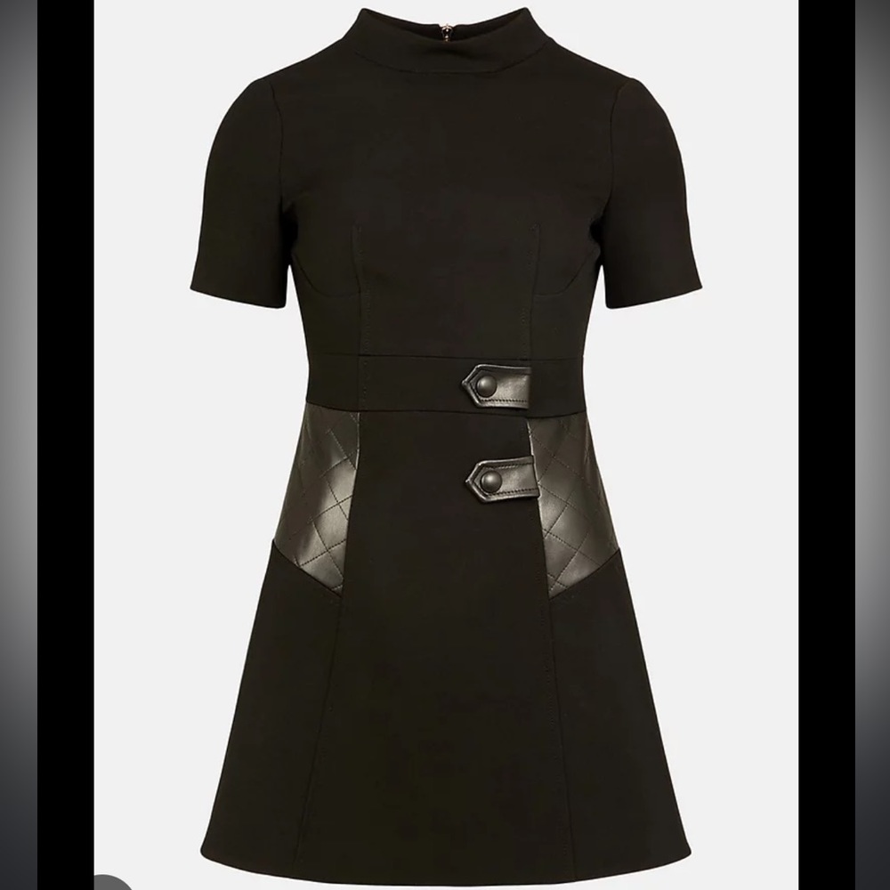 Karen Millen Structured Crepe Pu Contrast A Line Dress (size: 6 / US small)